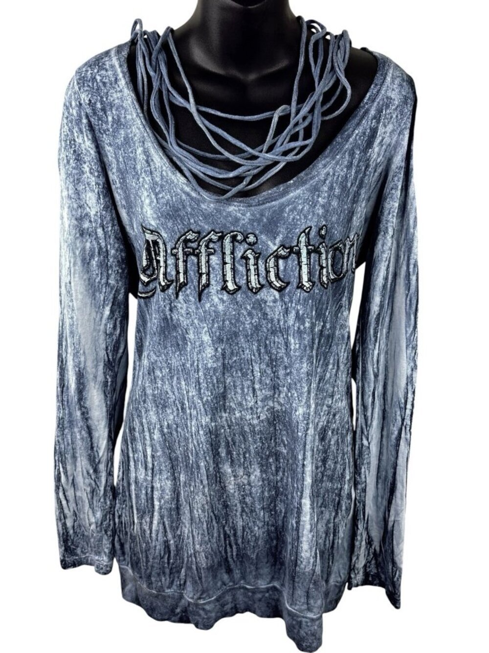 Y2K Affliction Blue Wash Celtic Long Sleeve Top Neck Tie Detail Women’s L GRUNGE